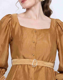 Madame Golden Rayon Blend Square Neck Belted Button Front Top