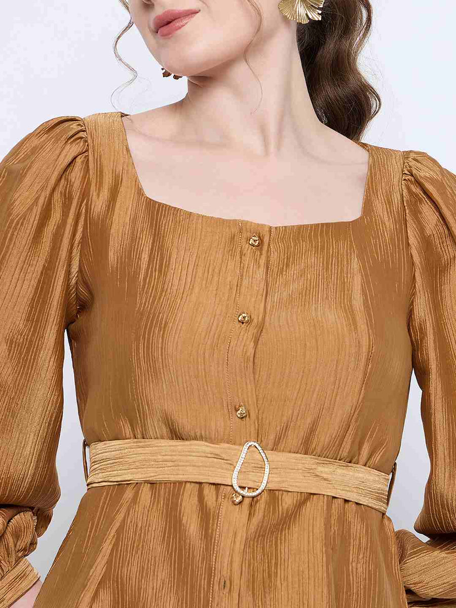 Madame Golden Rayon Blend Square Neck Belted Button Front Top