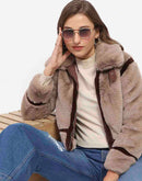 Madame Shanaya Kapoor Classic Brown Detailing Shearling Jacket