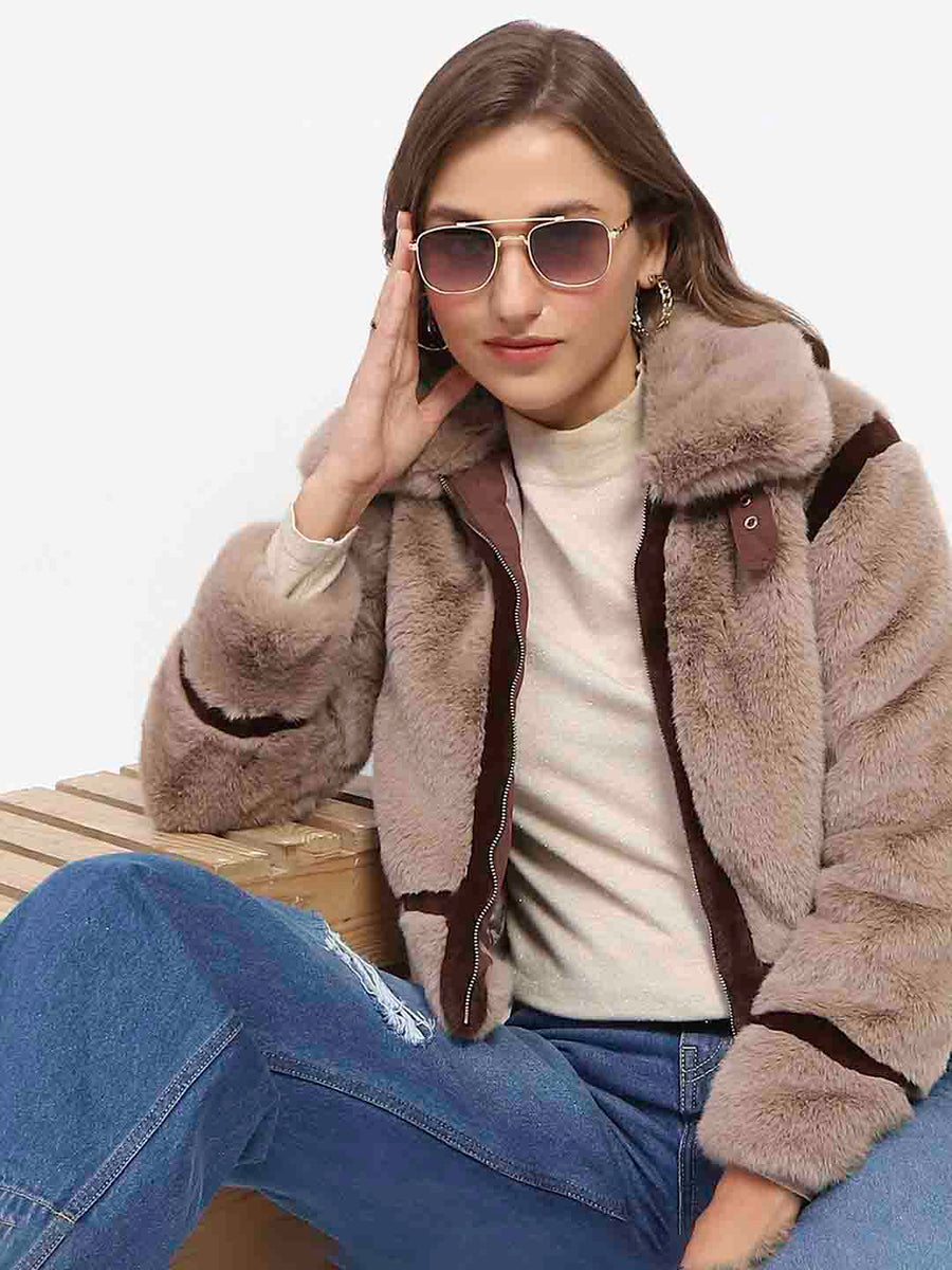 Madame Shanaya Kapoor Classic Brown Detailing Shearling Jacket