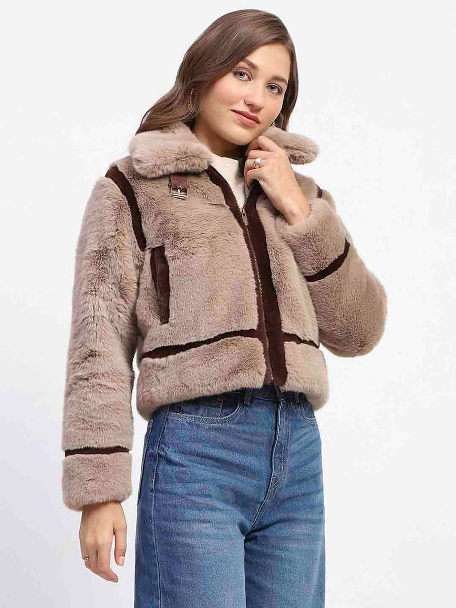 Madame Shanaya Kapoor Classic Brown Detailing Shearling Jacket