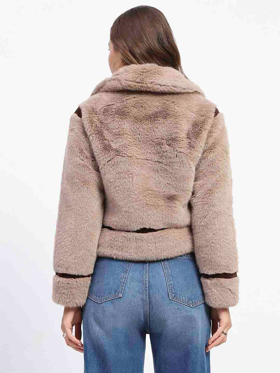 Madame Shanaya Kapoor Classic Brown Detailing Shearling Jacket