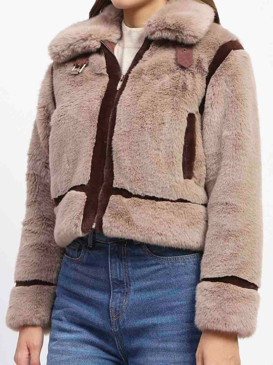 Madame Shanaya Kapoor Classic Brown Detailing Shearling Jacket