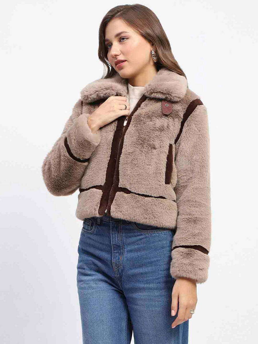 Madame Shanaya Kapoor Classic Brown Detailing Shearling Jacket