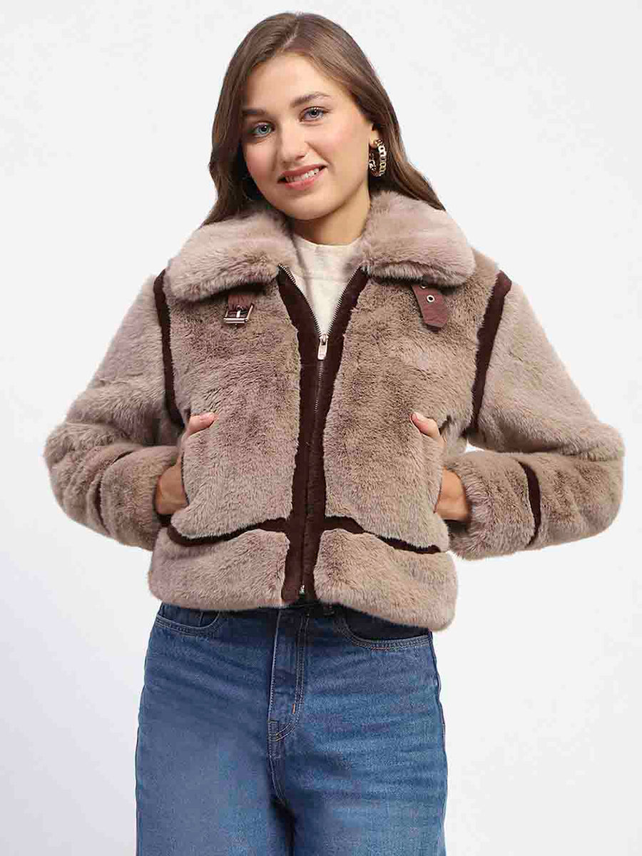 Madame Shanaya Kapoor Classic Brown Detailing Shearling Jacket