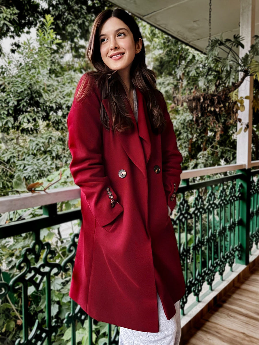 Madame Shanaya Kapoor Front Welt Pocketed Double Breasted Maroon Long Coat