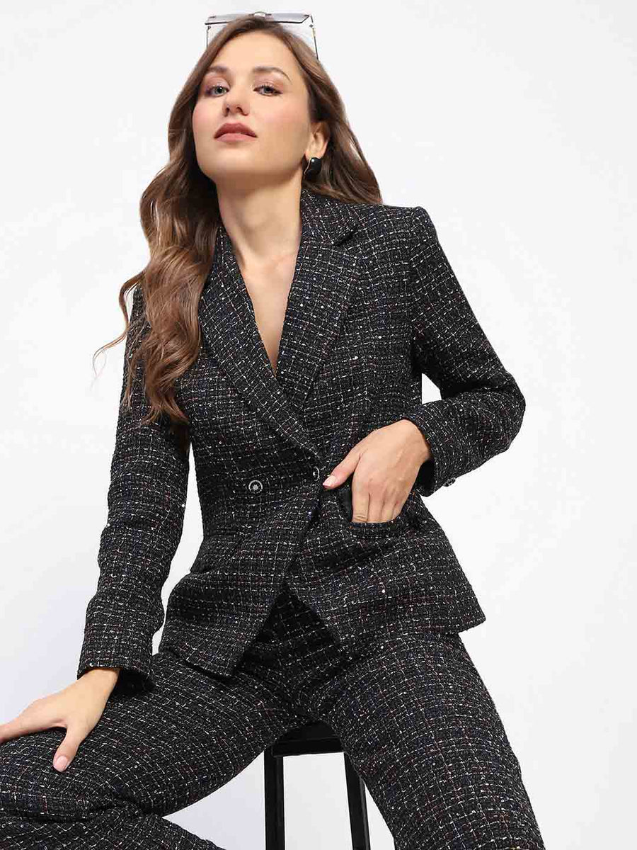 Madame Shanaya Kapoor Lapel Notch Double-Breasted Tweed Blazer For Women