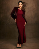 Madame Shanaya Kapoor Shimmery Gathered Detail Bodycon Wine Maxi Dress