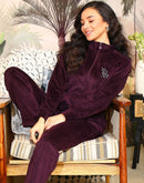 mSECRET Velour Branding Zipped Deep Wine Top and Bottom Night Suit