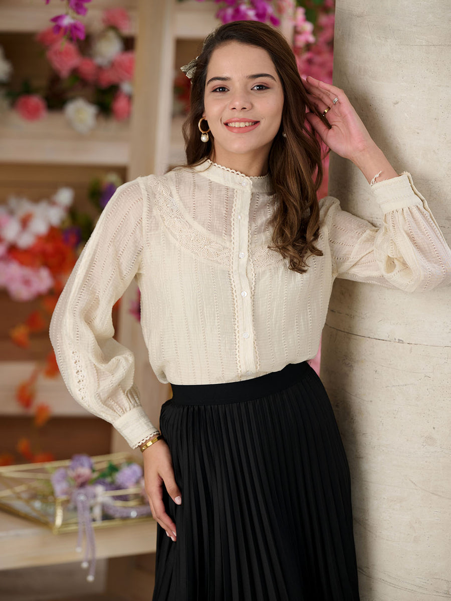 Madame Bridgerton Embroidered Lacework Beige Tencel Shirt