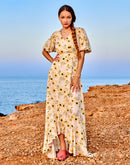 Madame Floral Print Wrap Detailed Yellow Midi Dress