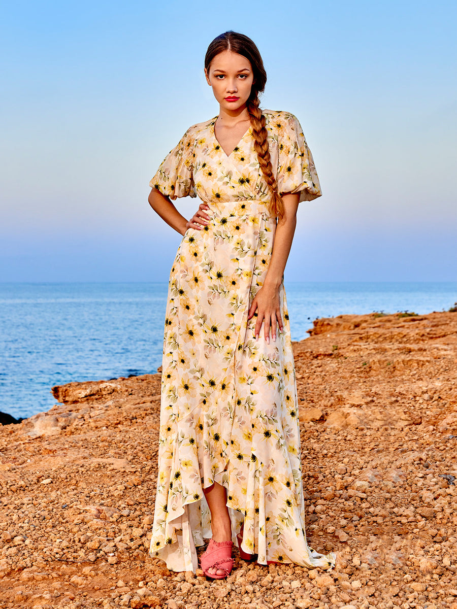 Madame Floral Print Wrap Detailed Yellow Midi Dress