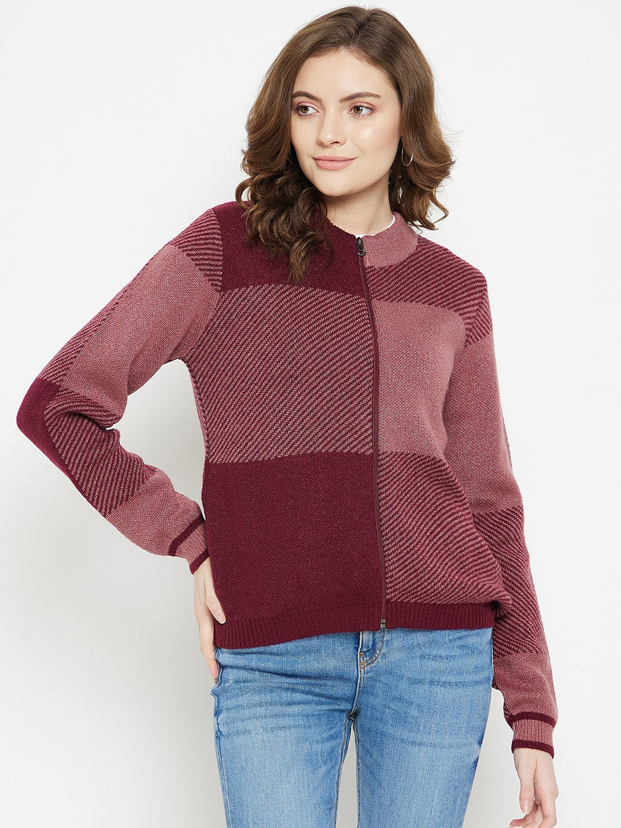 MADAME Wine Color block Cardigan for Women