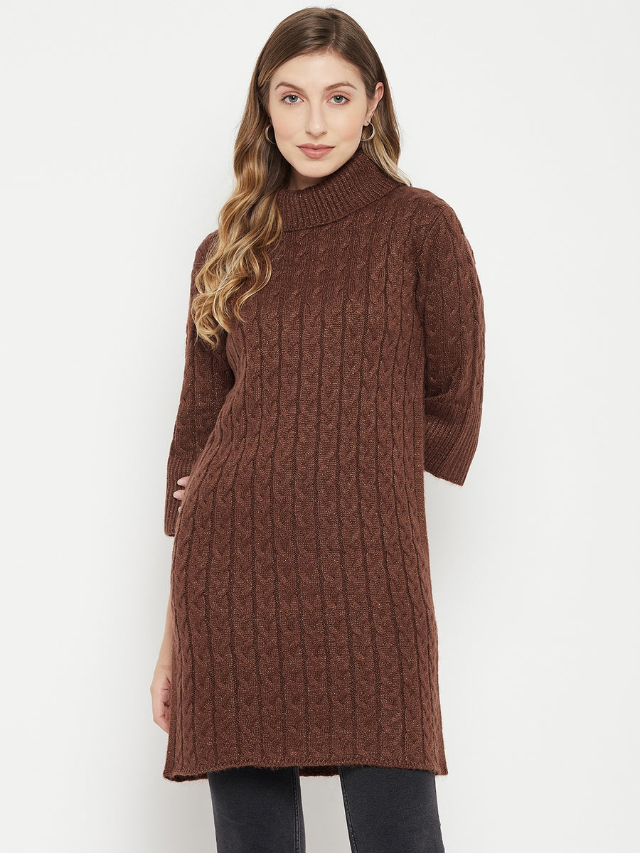 MADAME Cable Knit Long Turtle Neck Sweater | Buy COLOR Brown