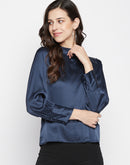 Madame High Neck Bishop Sleeve Solid Blue Top