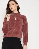 Camla Barcelona Keyhole Neck Rust Brown Chain Adorned Sweater