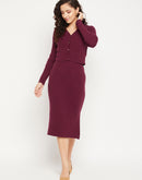 Camla Barcelona Shimmery Cardigan With Skirt Wine Co-Ord Set