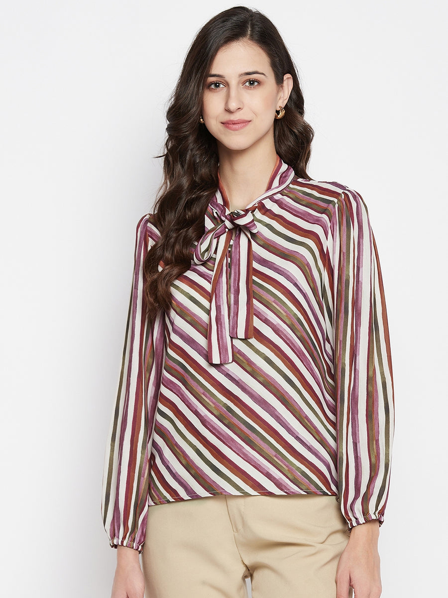 MADAME Striped Neck-Tie Off White Top for Women