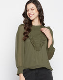 Madame Ruffle Neckline And Sleeves Solid Olive Color Top