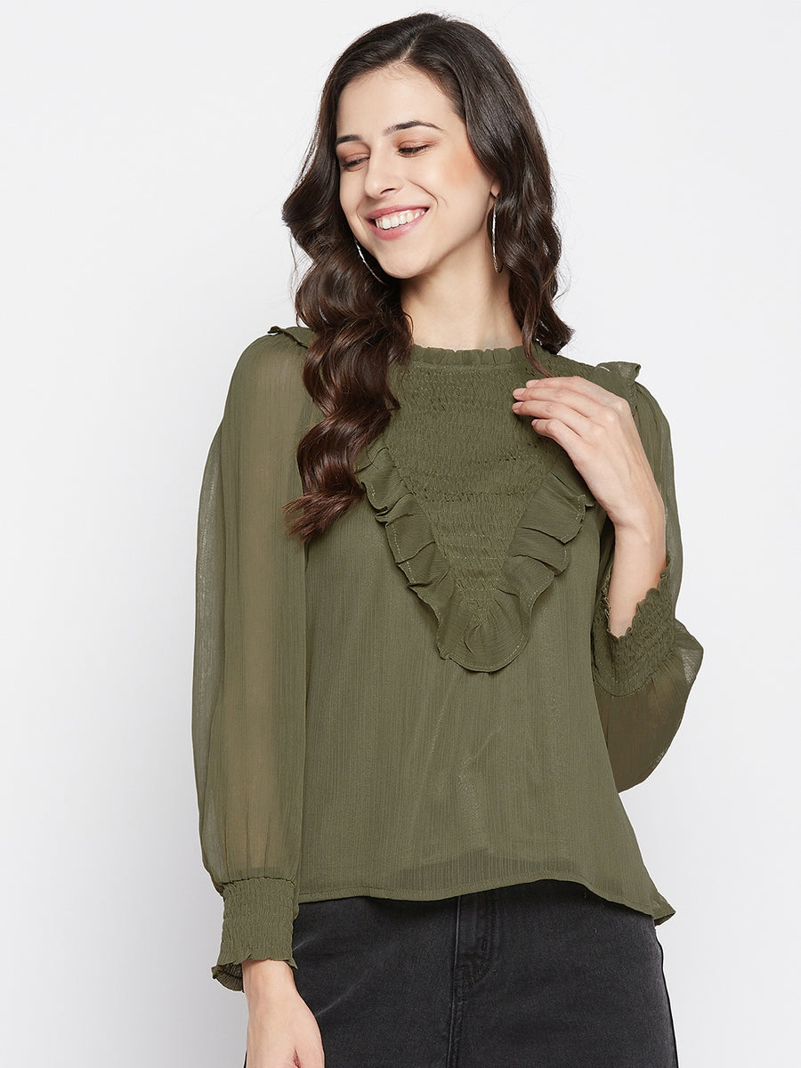 MADAME Ruffle Neckline and Sleeves Solid Olive Color Top