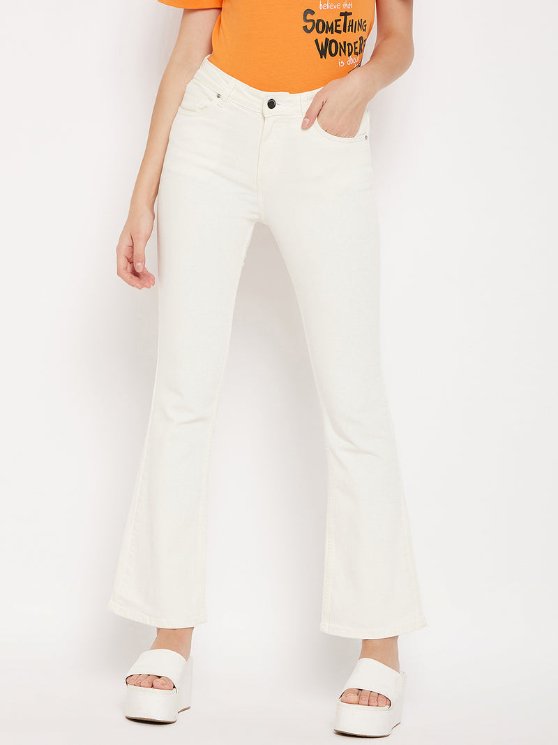 Malcolm Jeans - Mid Rise Contrast Stitch Flared Denim Jeans in White Denim