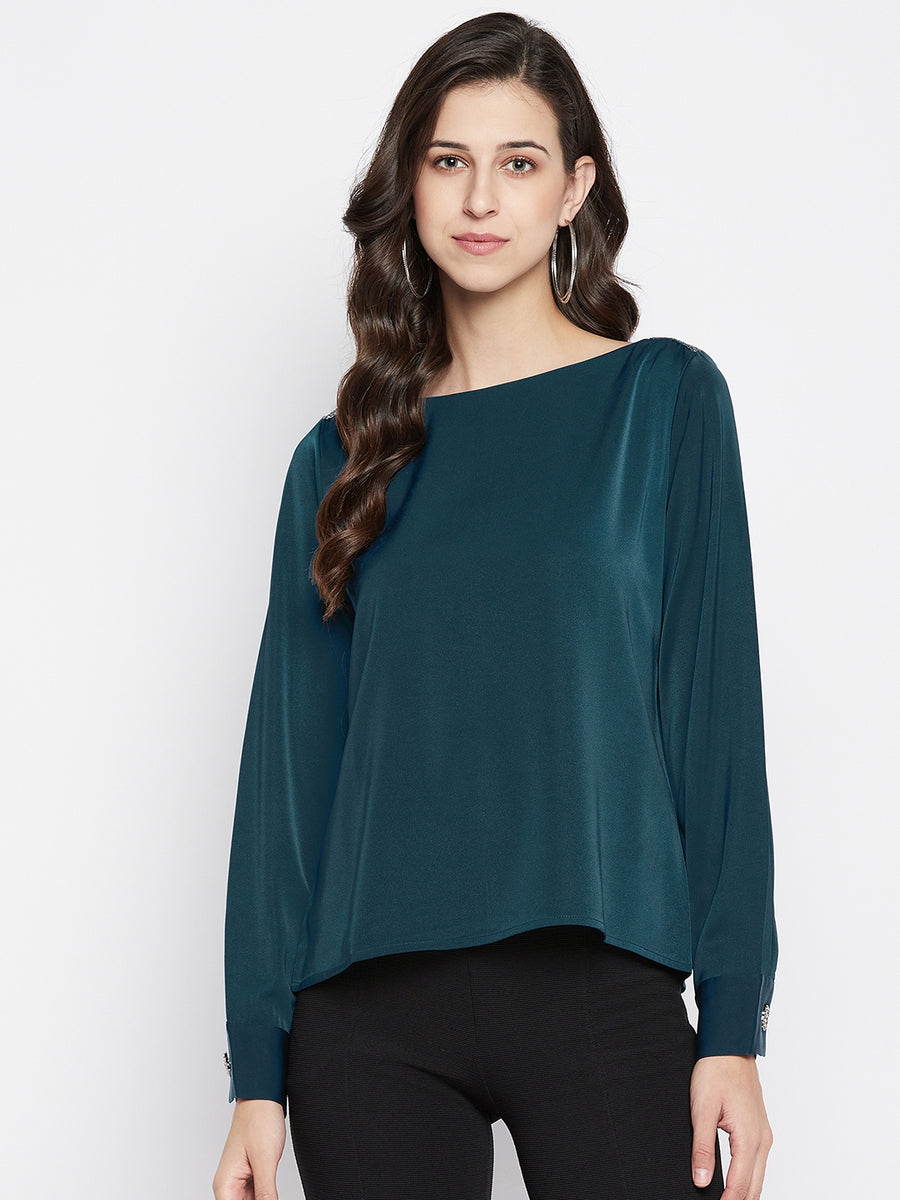 MADAME Teal Boat Neck Solid Satin Top