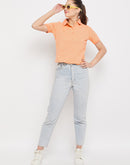 Madame  Peach Crop Striped Polo Top