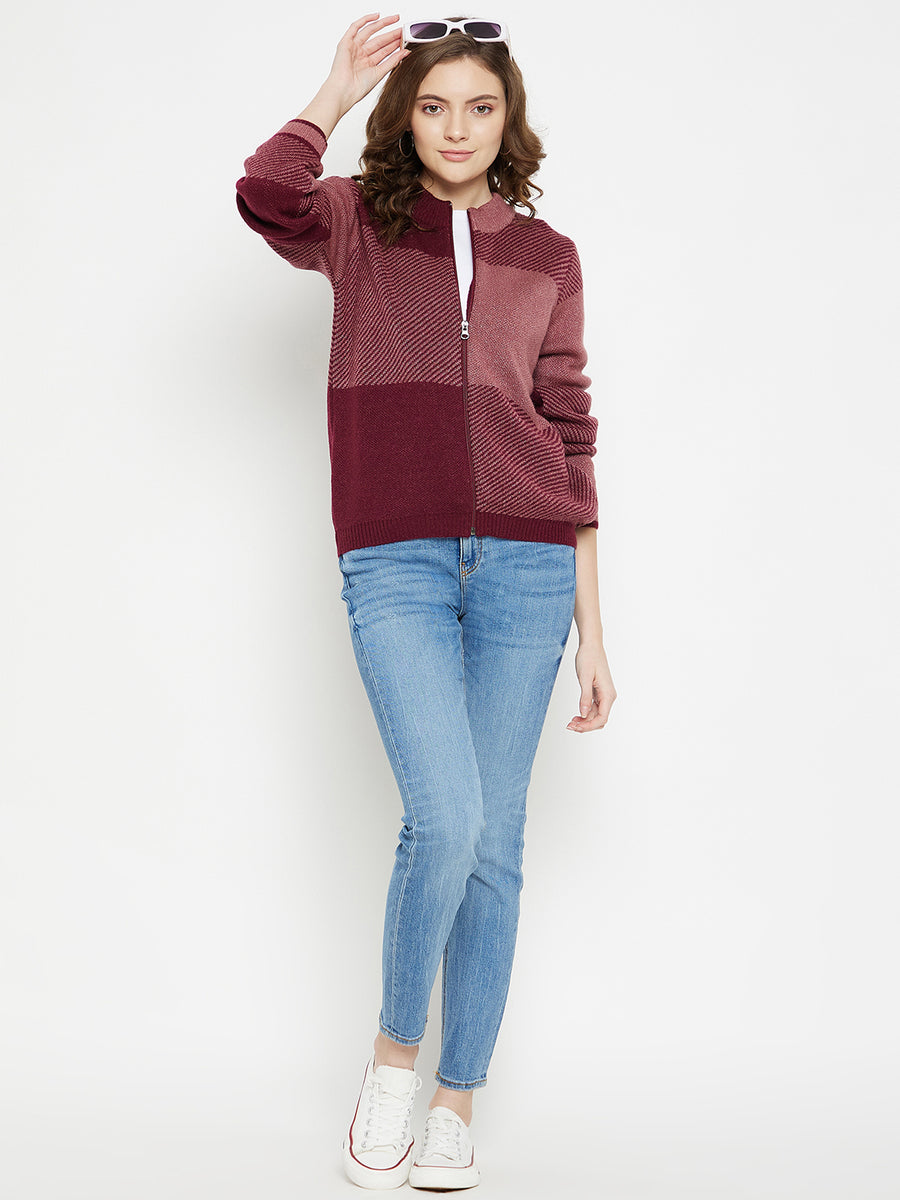 MADAME Wine Color block Cardigan for Women