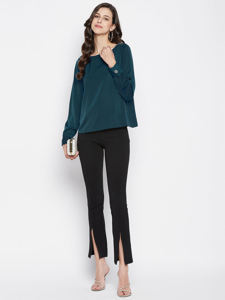 MADAME Teal Boat Neck Solid Satin Top