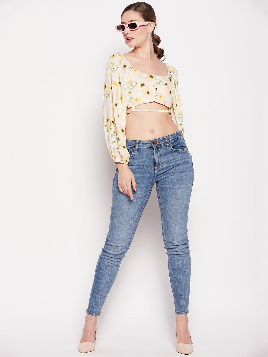 MADAME Floral Print Blouson Crop Top