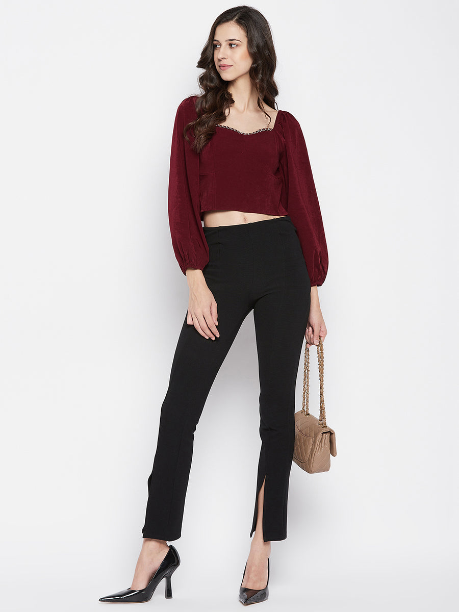 MADAME Sweetheart Neckline Puff Sleeve Maroon Crop Top