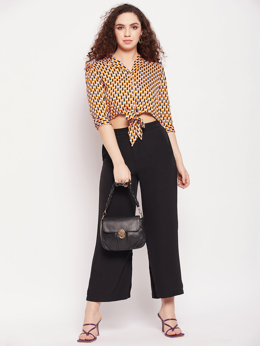 MADAME Geometric Print Front Tie Crop Top