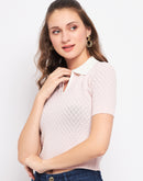 Madame Pink Knit Self Design Crop Top