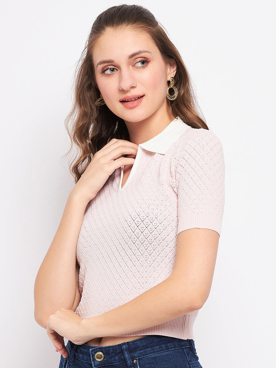 Madame Pink Knit Self Design Crop Top