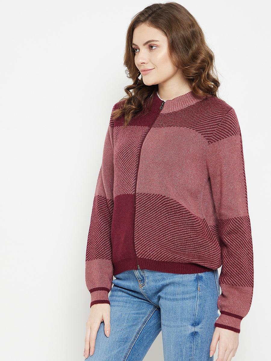 MADAME Wine Color block Cardigan for Women