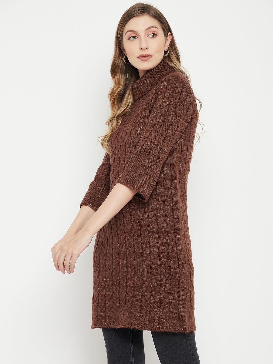 MADAME Cable Knit Long Turtle Neck Sweater | Buy COLOR Brown