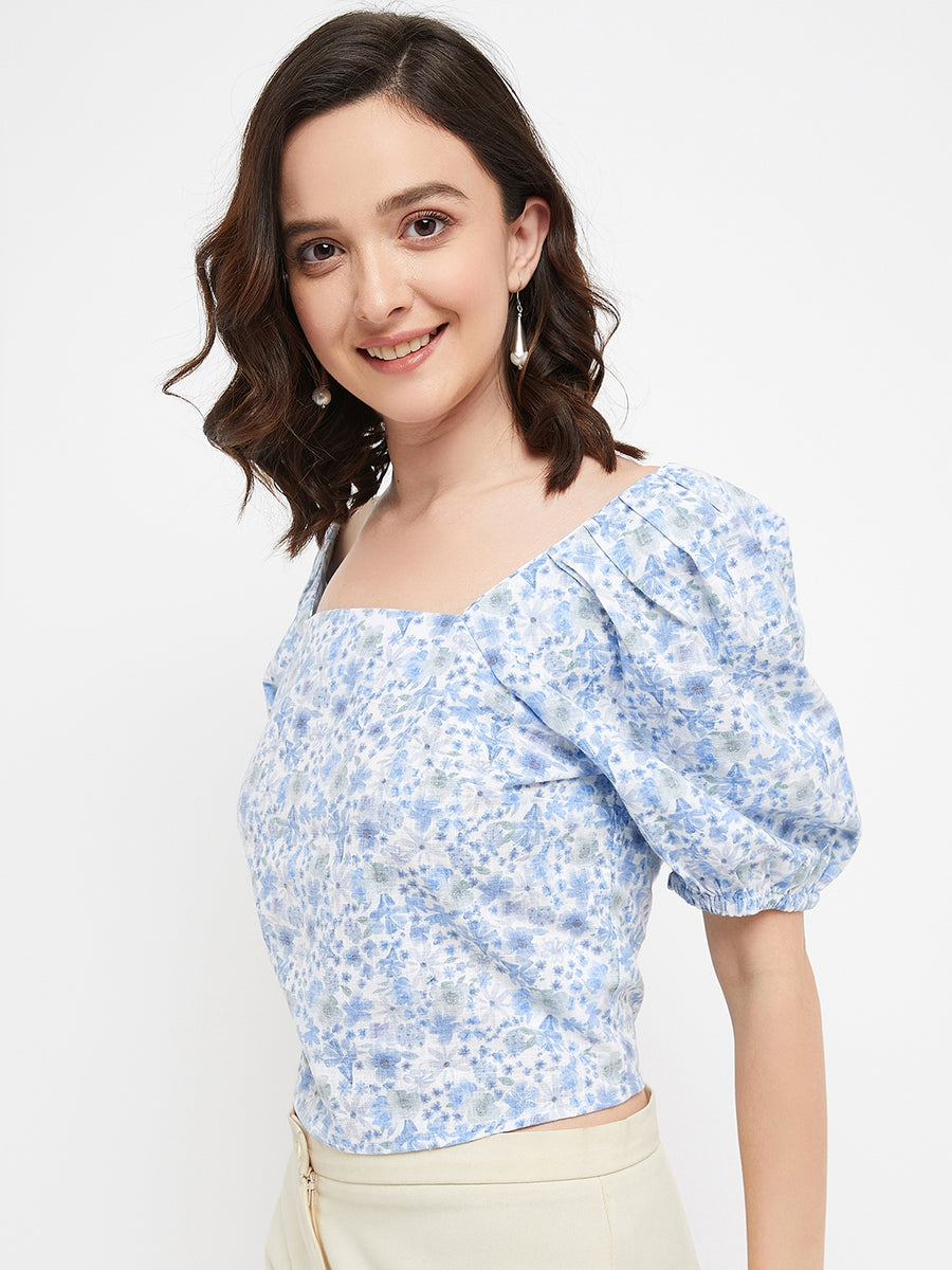 Madame Sky Floral Square Neckline Puffed Sleeves Top | Buy COLOR Sky ...