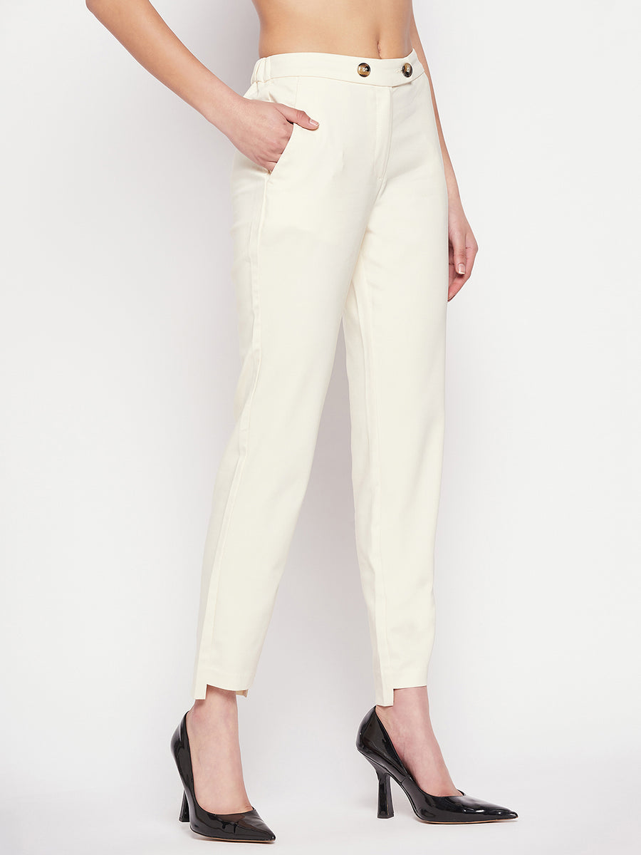 Parassio Clothings Fine Cotton Blend Women Ivory Off White Slim Fit Formal  Trousers