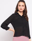 Madame Quarter Sleeve Black Semi Sheer Shirt