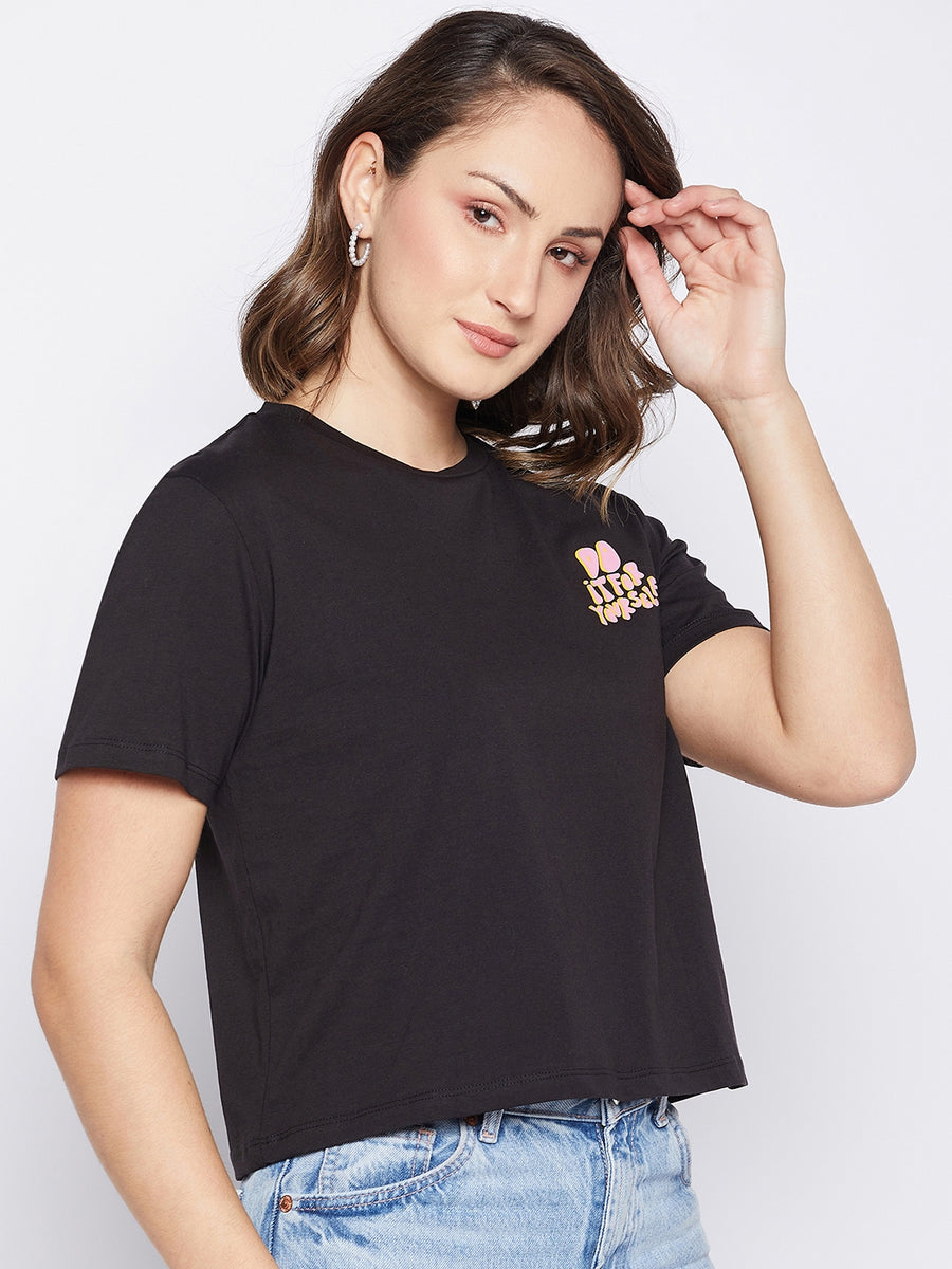 Madame Black Typography Round Neck Top