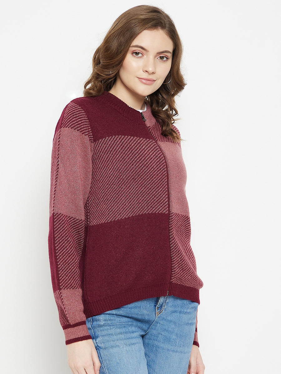 MADAME Wine Color block Cardigan for Women