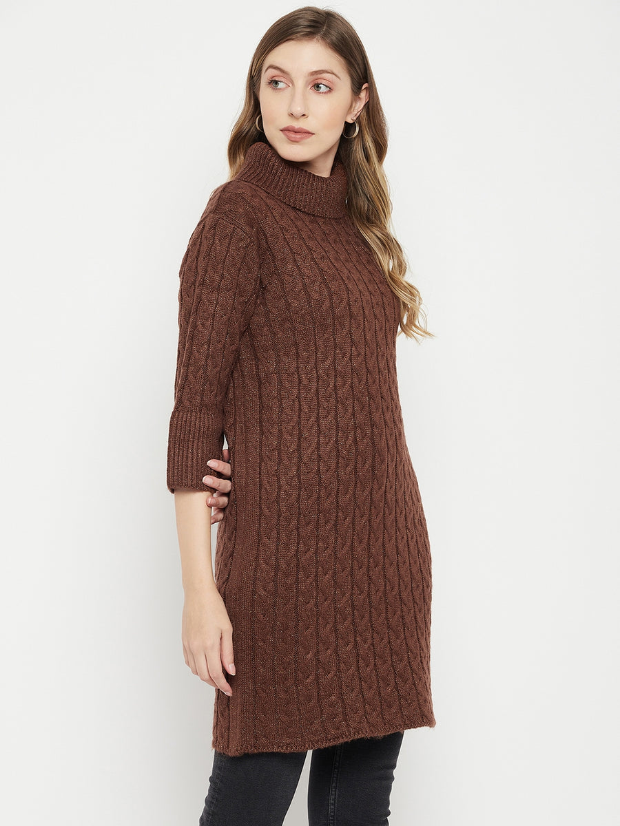 MADAME Cable Knit Long Turtle Neck Sweater | Buy COLOR Brown