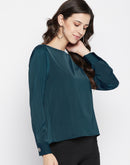 Madame Teal Boat Neck Solid Satin Top