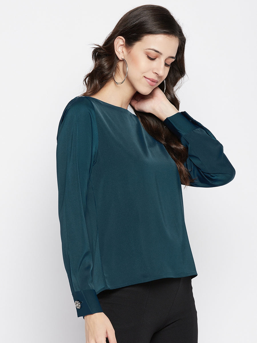 MADAME Teal Boat Neck Solid Satin Top