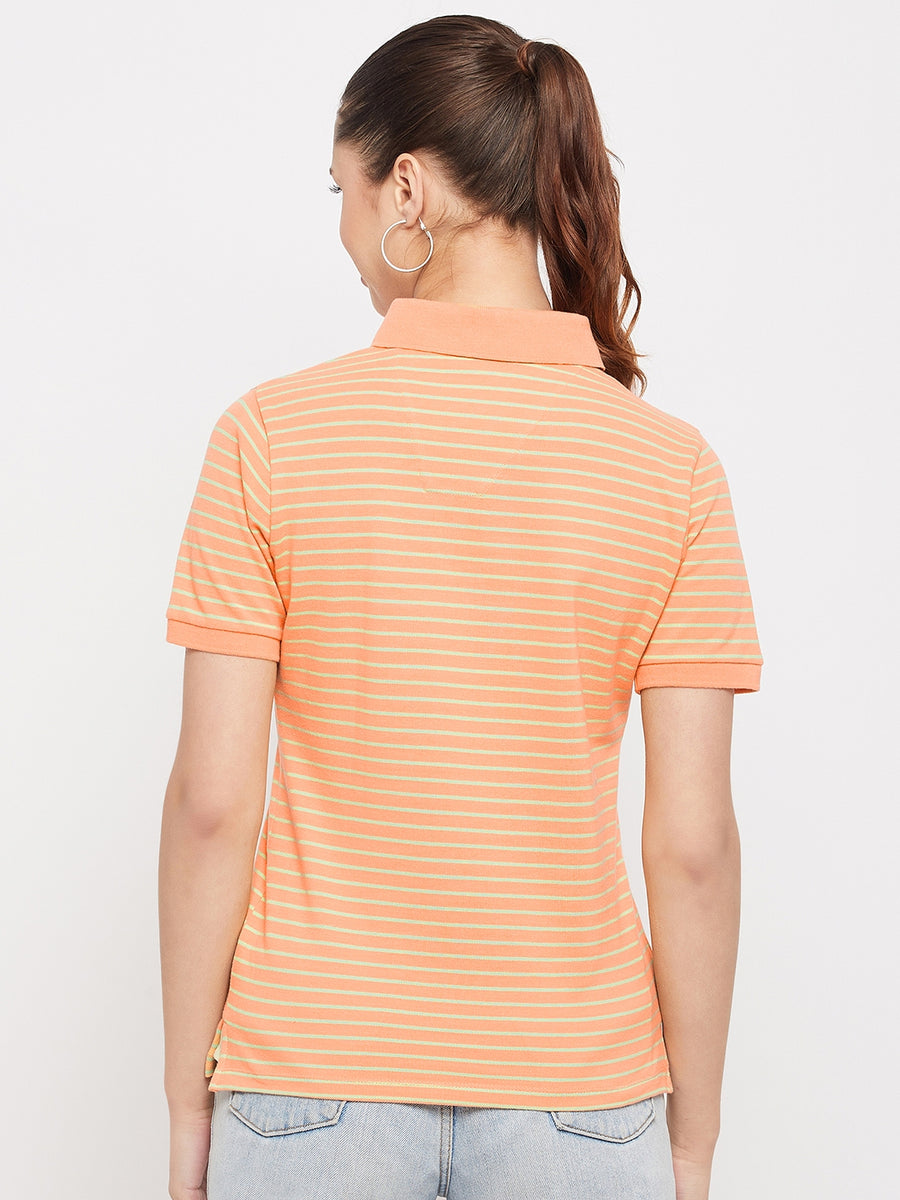 Madame  Peach Crop Striped Polo Top