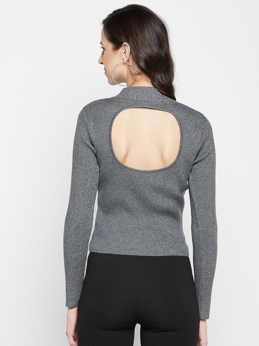 MADAME Grey High Neck Solid Sweater