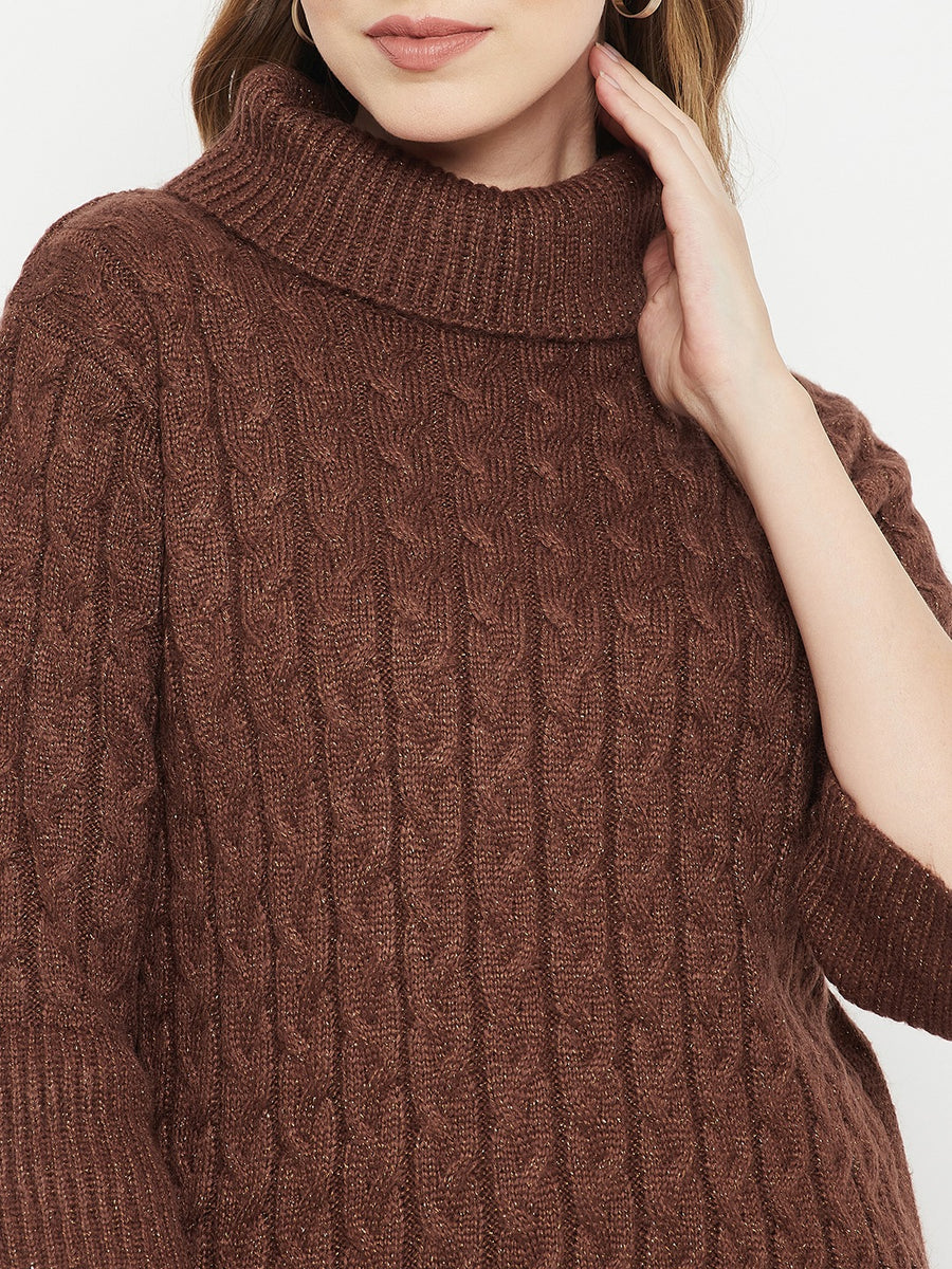 MADAME Cable Knit Long Turtle Neck Sweater | Buy COLOR Brown