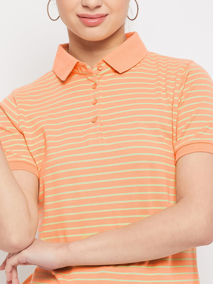 Madame  Peach Crop Striped Polo Top